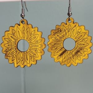 Laser-cut wooden sunflower drop earrings